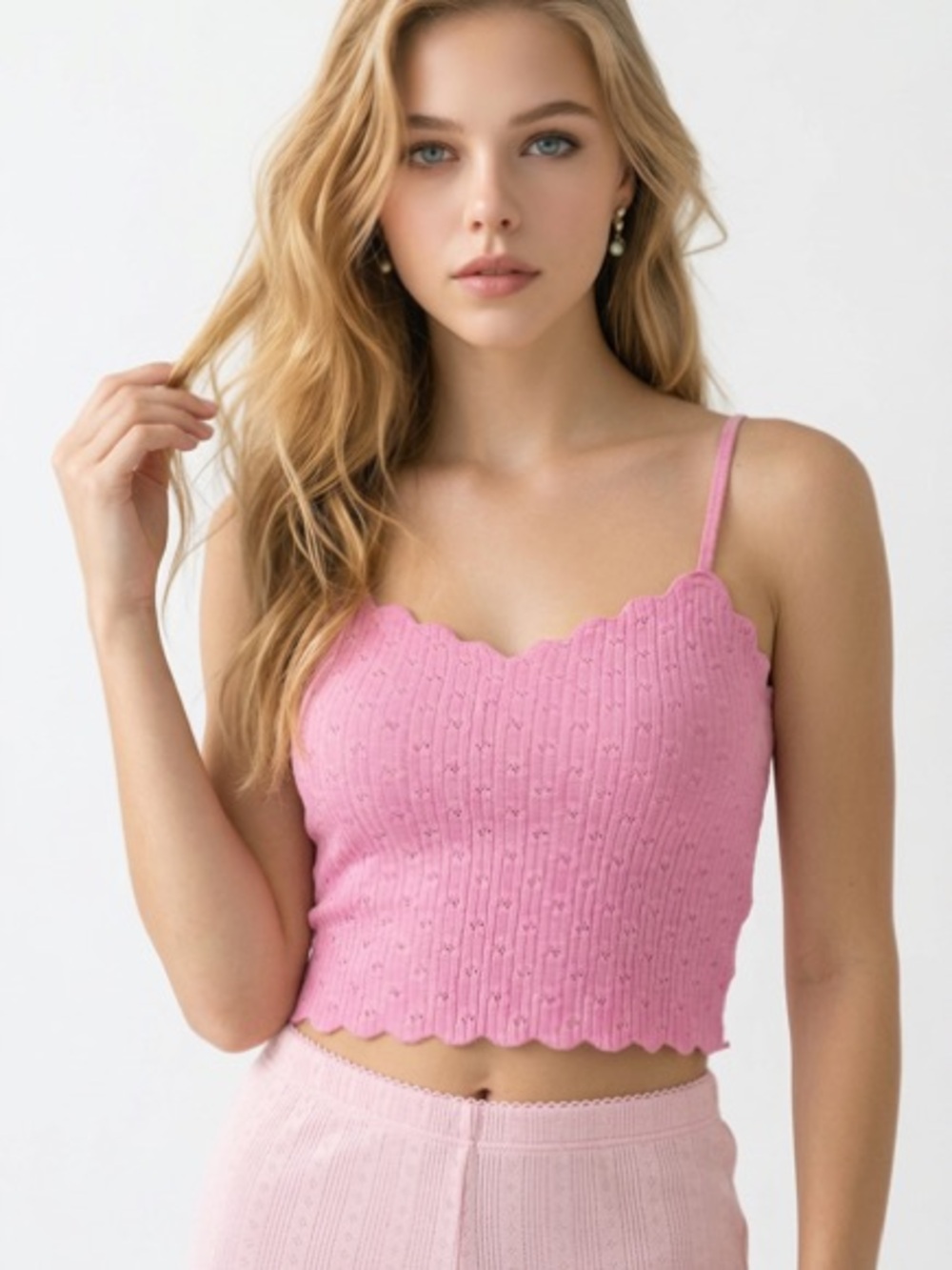 Zenana Outfitters Pink Scalloped Knit Crop Cami